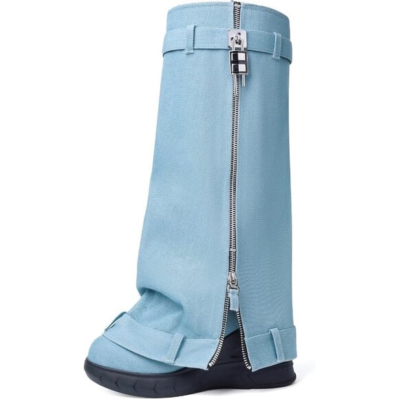 Shoes - Women Denim Blue Pointy Pull-on Wedge Heel Knee Shark Padlock Design Shark Boot